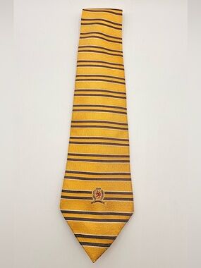 Vintage Tommy Hilfiger Silk Tie Yellow/Navy Striped Crest Logo USA Made Necktie